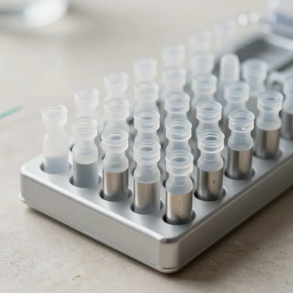 Top-down lab still life of aligned sterile vials in an aluminium rack on pale stone.