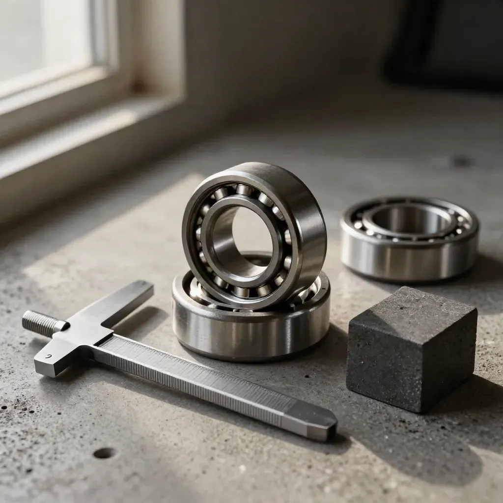 Bearing races, micrometer, and gauge block on matte concrete in dramatic light