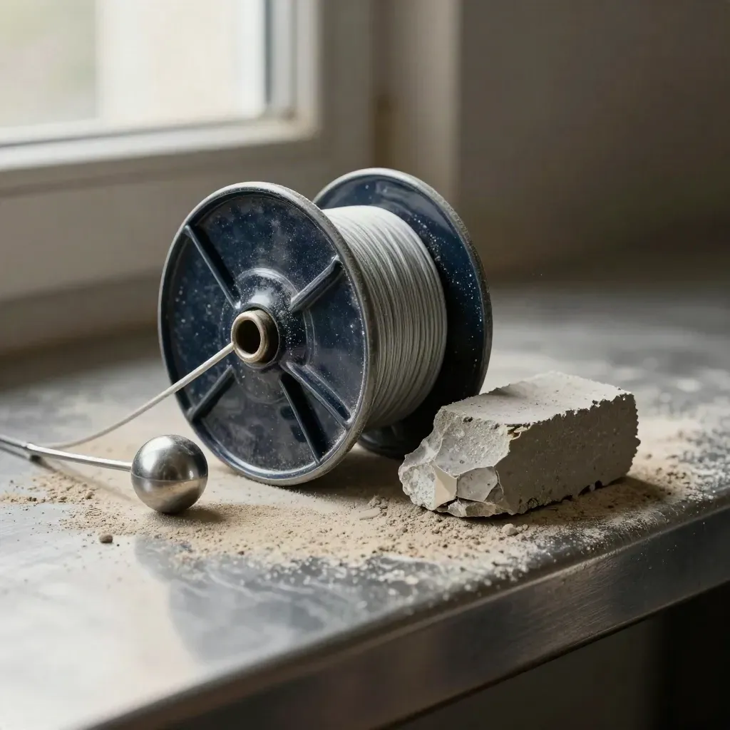 Chalk line reel, steel plumb bob and concrete offcut on brushed metal in raking light.
