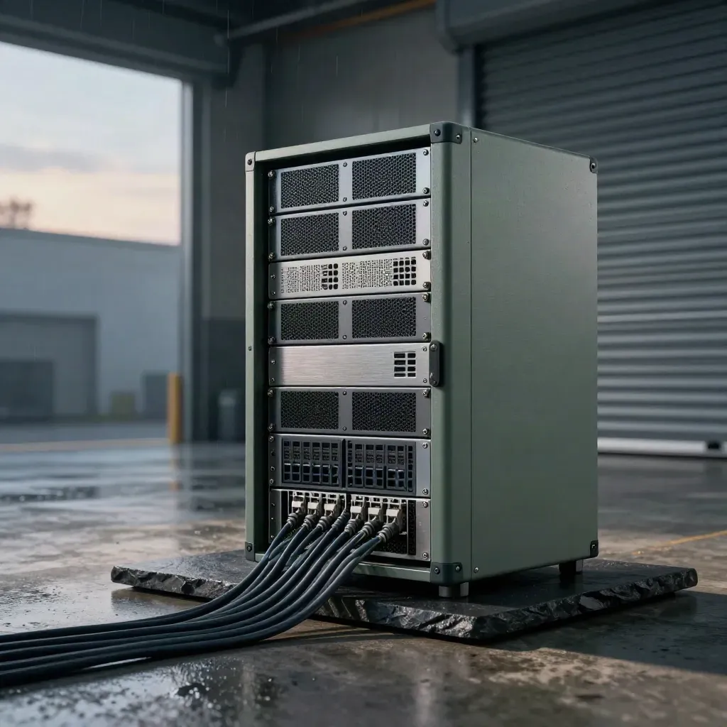 Server blades, cables, drive caddies and audit case on slate in a humid loading bay.