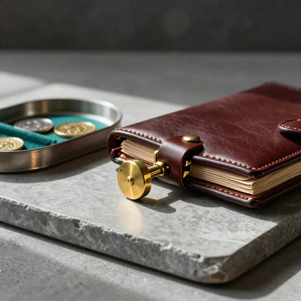 Brass seal, coin tray and leather portfolio on pewter stone with teal accent