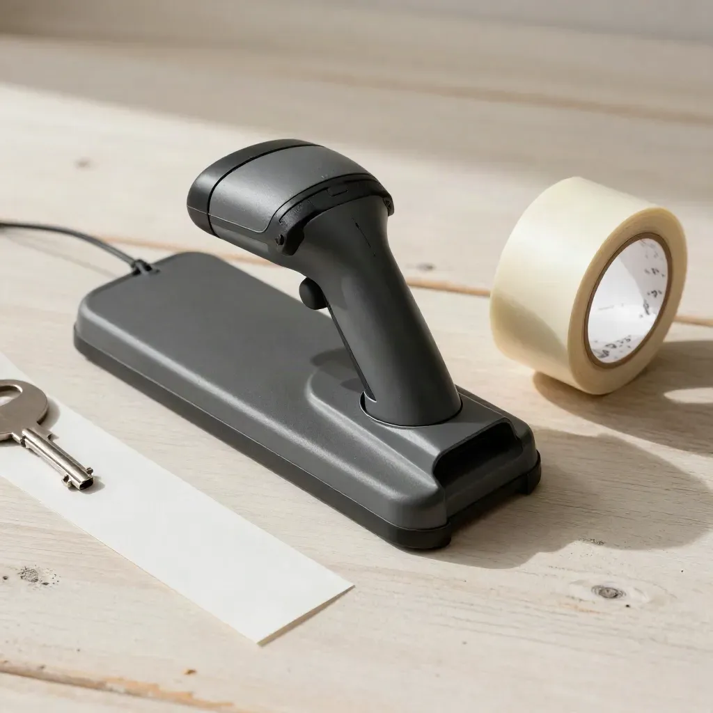 Top-down retail still life with a barcode scanner cradle, label roll and packing tape on pale wood.