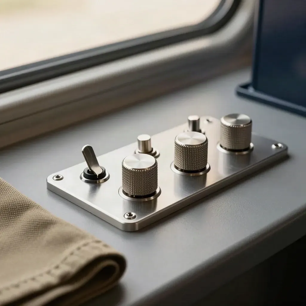 Aluminium control panel faceplate with rotary knobs and selectors on a graphite bench