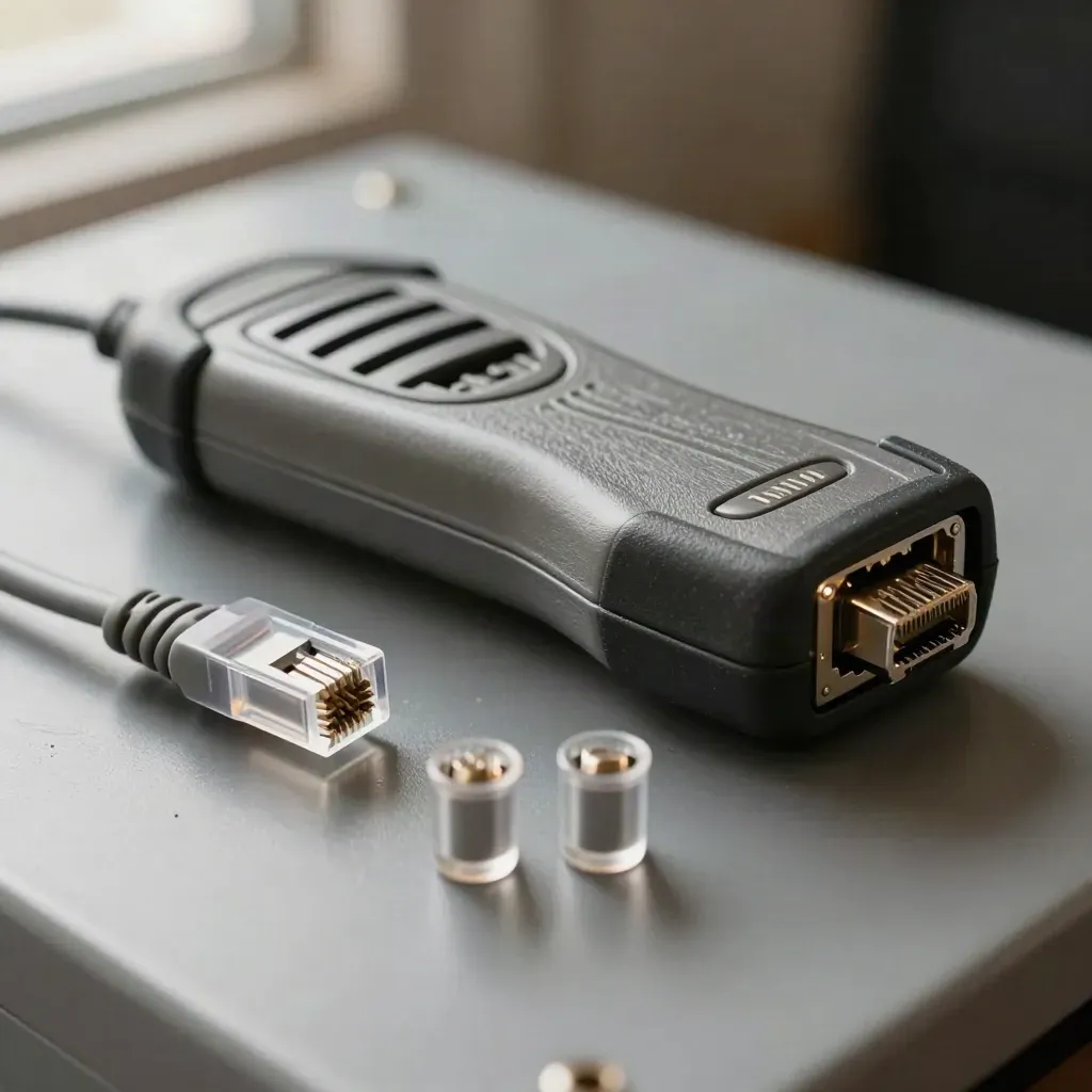 Macro of an ethernet cable tester, loose RJ45 plug and coupler caps on a graphite bench.