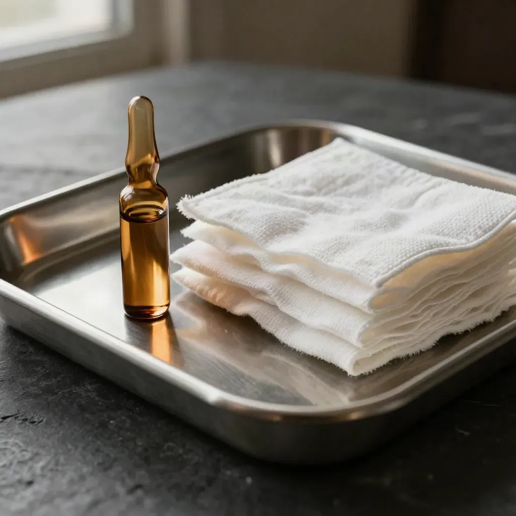 Stainless tray, amber vial and gauze on dark stone with soft clinical light.