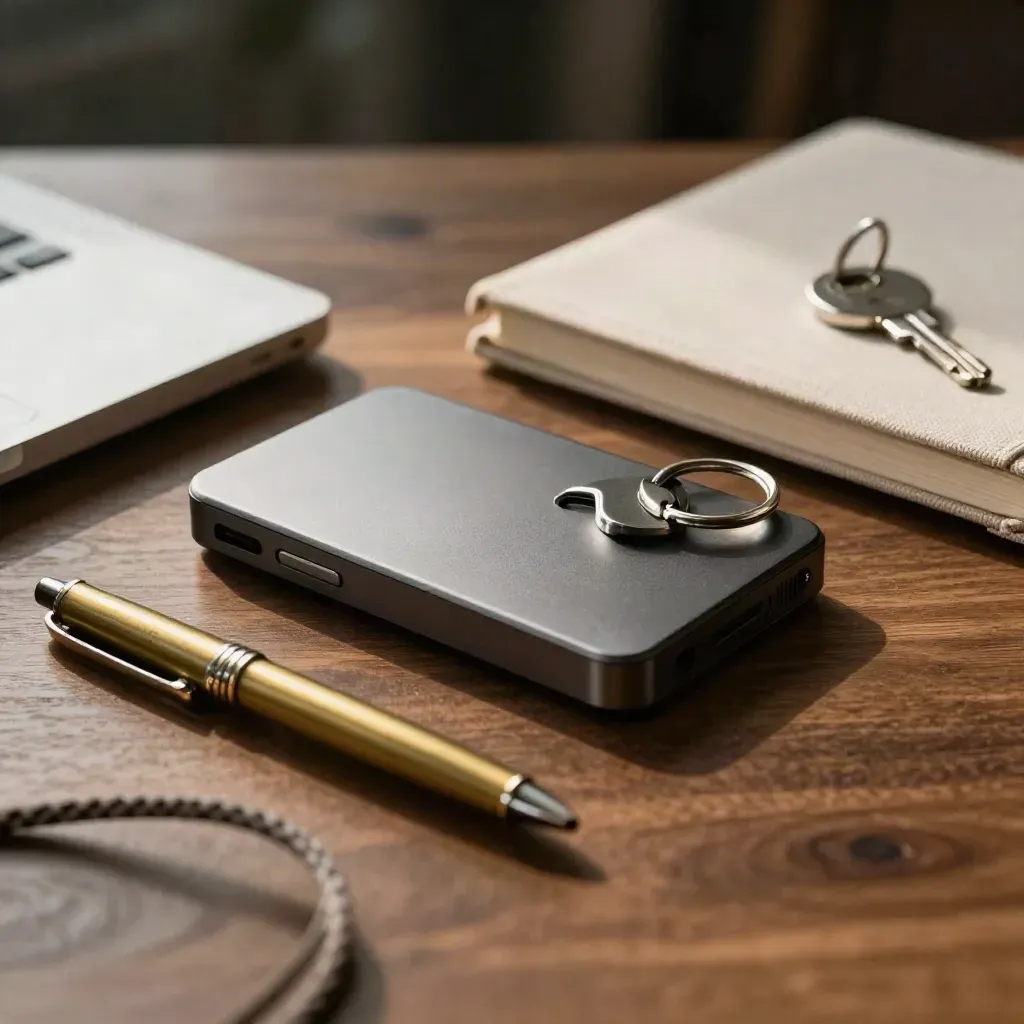 SSD, notebook, keyring and pen on walnut in dramatic studio light