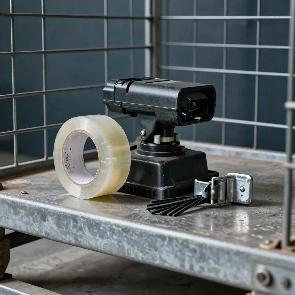 Dock scanner cradle, packing tape, cable ties and strap buckle behind steel mesh.