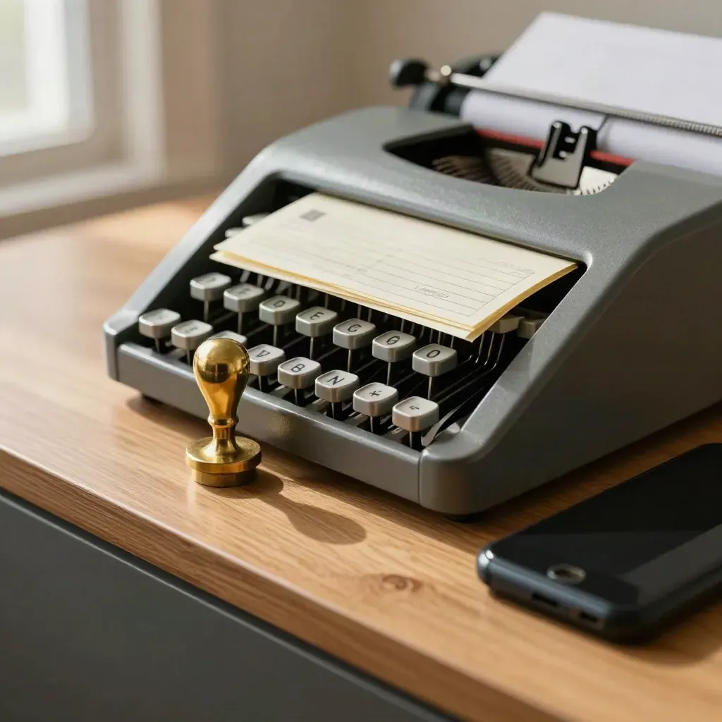 Top-down still life of an adding machine, brass stamp, ledger clip and face-down phone on warm oak.
