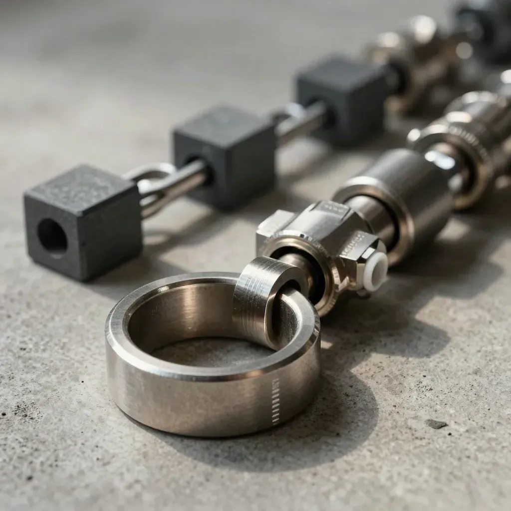 Brushed-metal rings and connectors linked on concrete in a dramatic studio still life.