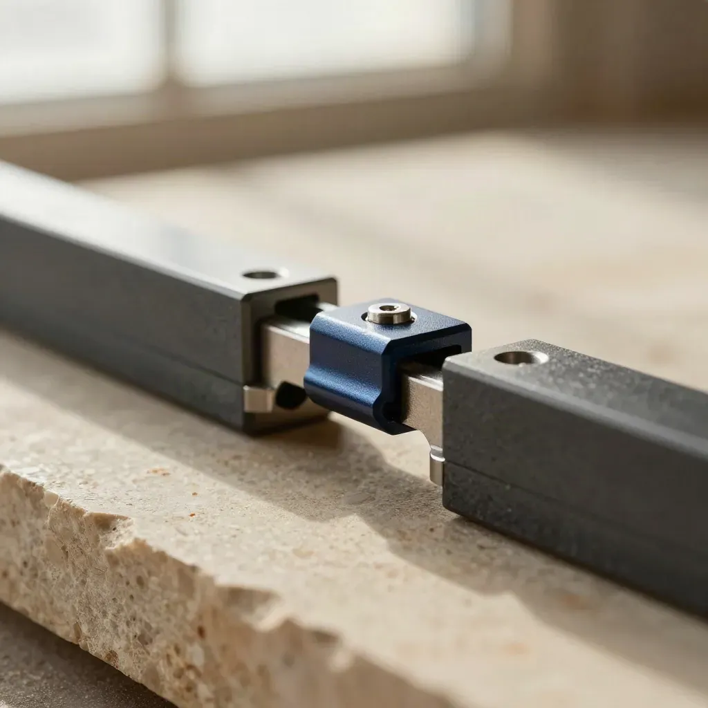Macro metal connector blocks bridged by a bracket on warm stone.