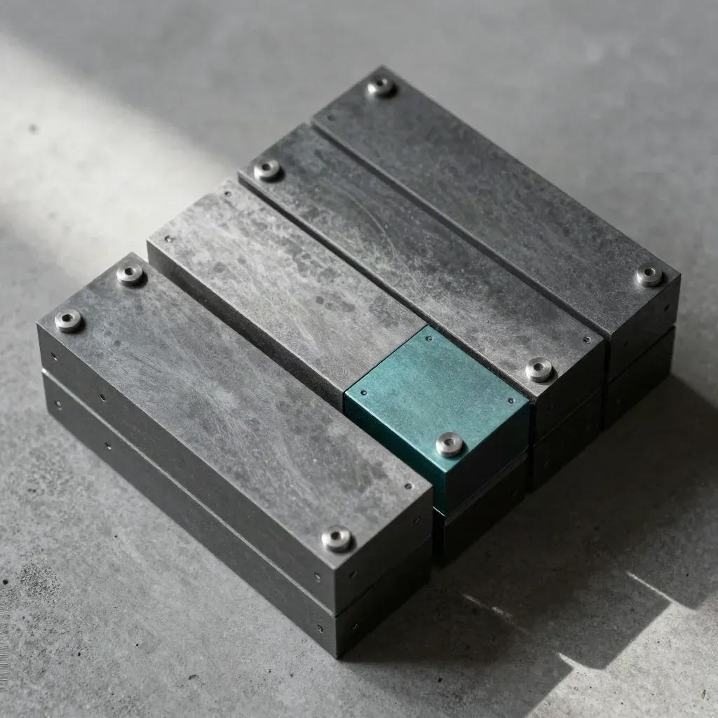 Overhead graphite blocks with magnetic inserts and link pins on concrete, one block sliding into place