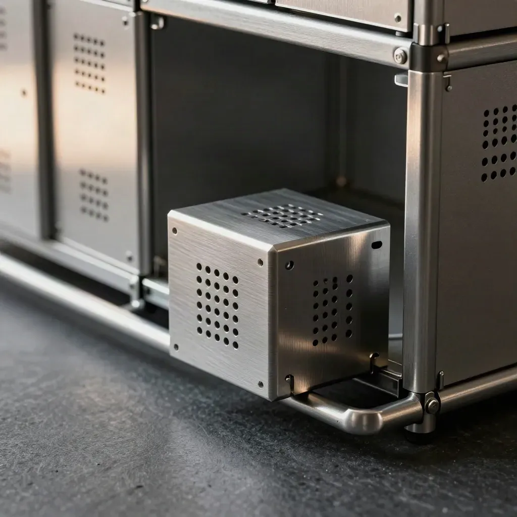 Low-angle still life of modular metal cubes and rails, with one cube slotting into place.
