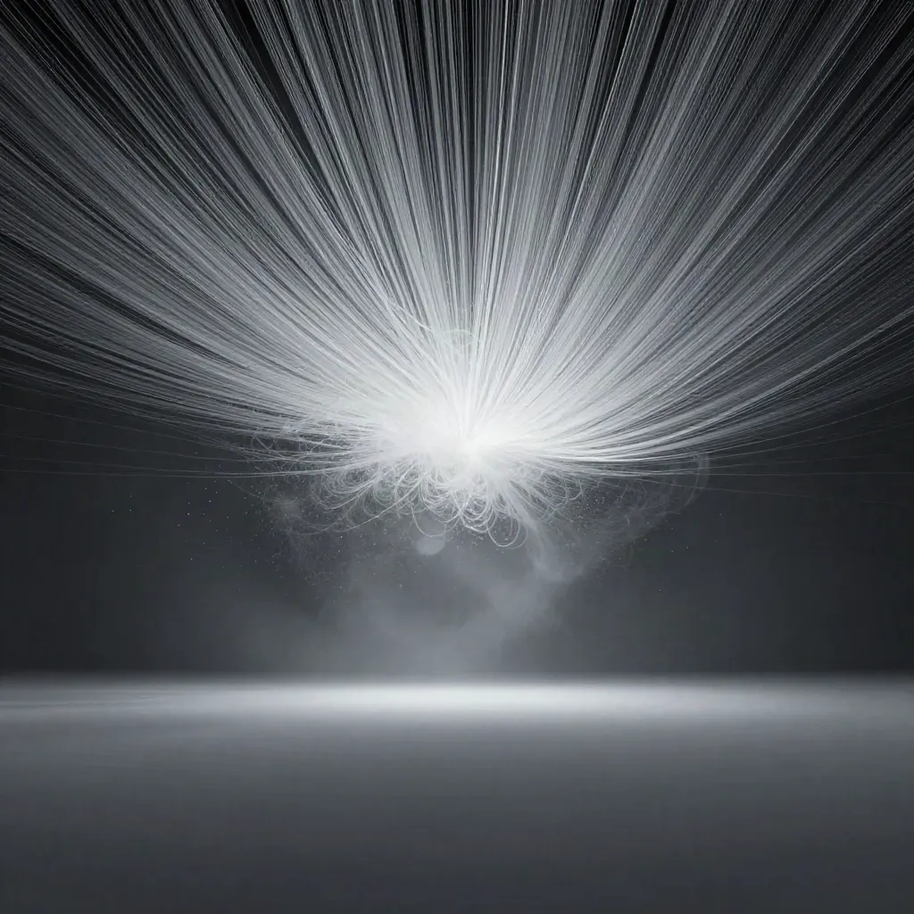 Silver light filaments converge into a soft white bloom in dark graphite mist.